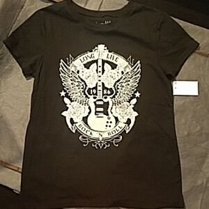 LONG LIVE ROCK 'N' ROLL 1986 Blk & Wht Graphic Tee Sparkling Gold Accents Roses